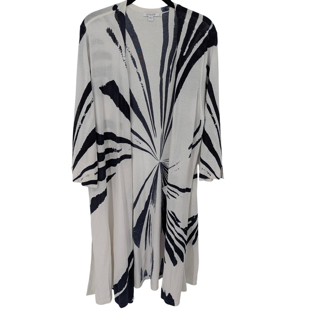 Chicos Cardigan Women XL White Blue Abstract Starburst Knit Open Front Longline